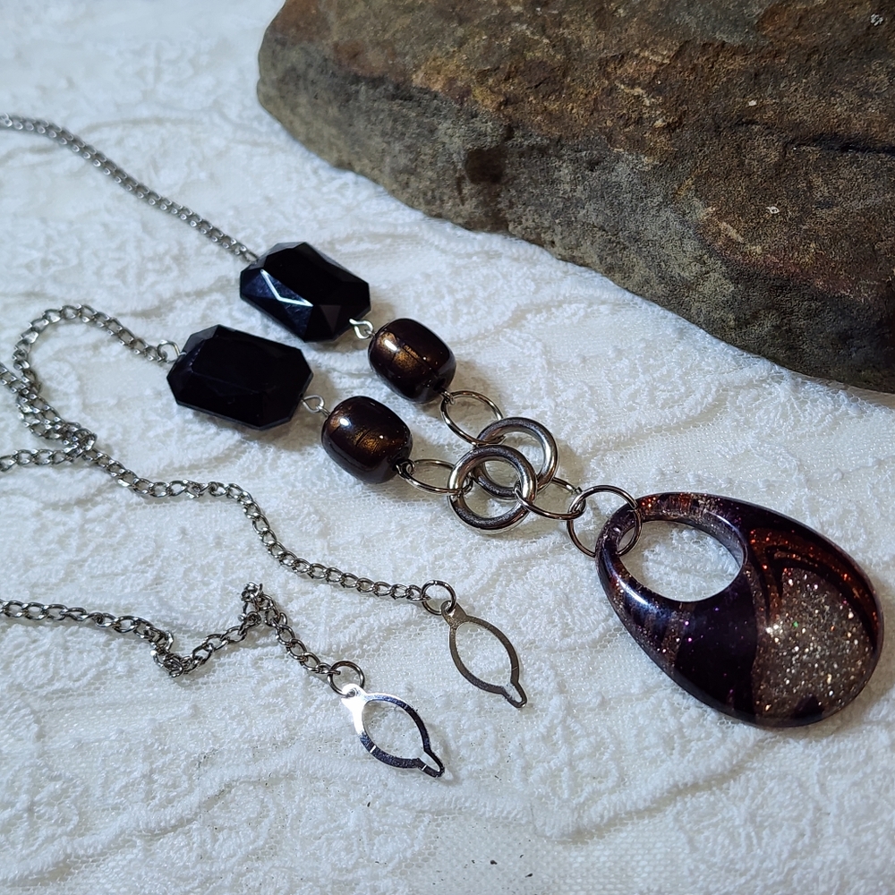 Vintage Collar Button Long Necklace In Black, Bronze And Silver Tones